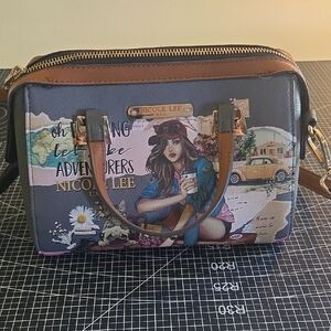 Nicole Lee Navy Printed Crossbody Satchel with Brown Trim